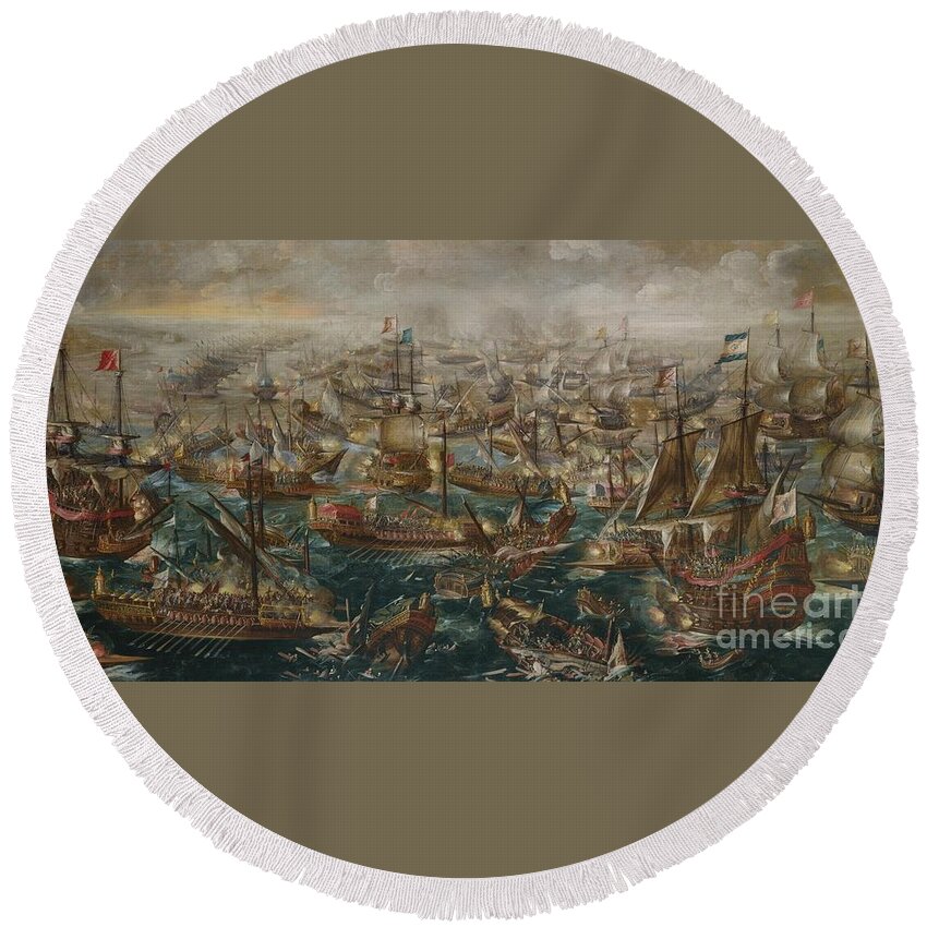 The Battle Of Lepanto Andries Van Eertvelt. Sea Round Beach Towel featuring the painting The Battle Of Lepanto Andries by MotionAge Designs
