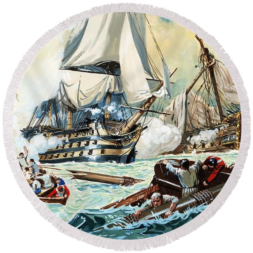 The Battle Of Trafalgar; Ships ;boats; Swimmers Round Beach Towel featuring the painting The battle of Trafalgar by English School