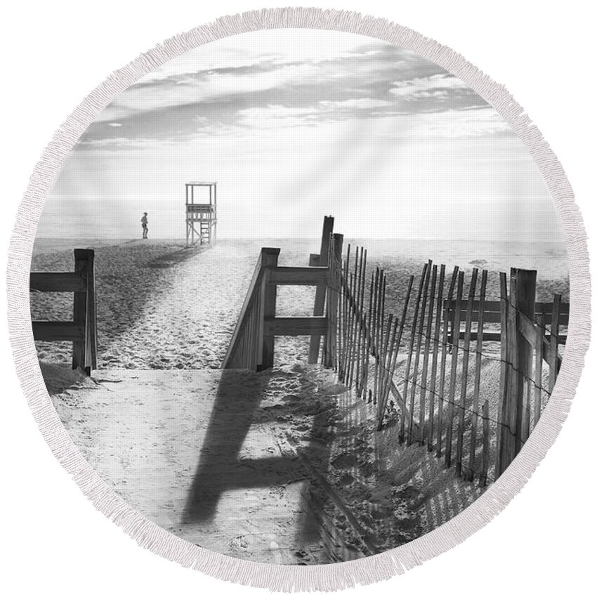 The Beach Round Beach Towel featuring the photograph The Beach in Black and White by Darius Aniunas