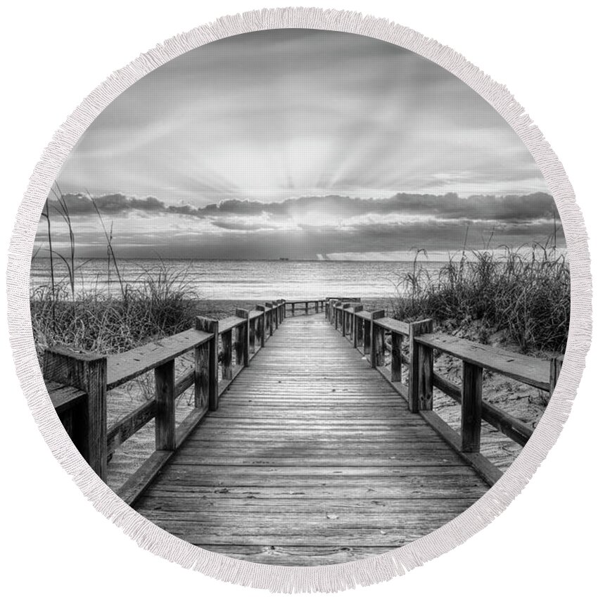 Black Round Beach Towel featuring the photograph The Beach is Calling Black and White by Debra and Dave Vanderlaan