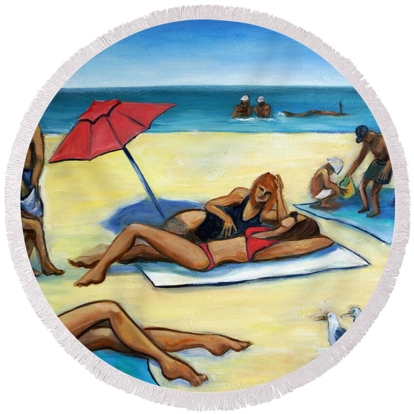 Beach Scene Round Beach Towel featuring the painting The Beach by Valerie Vescovi