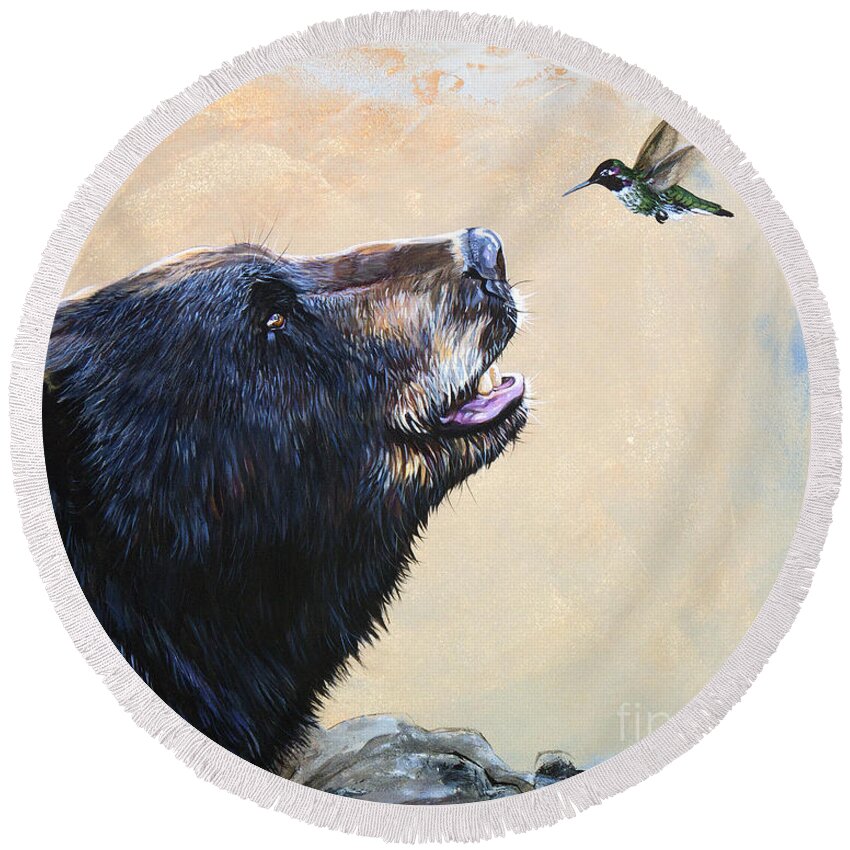 Bear Round Beach Towel featuring the painting The Bear and the Hummingbird by J W Baker