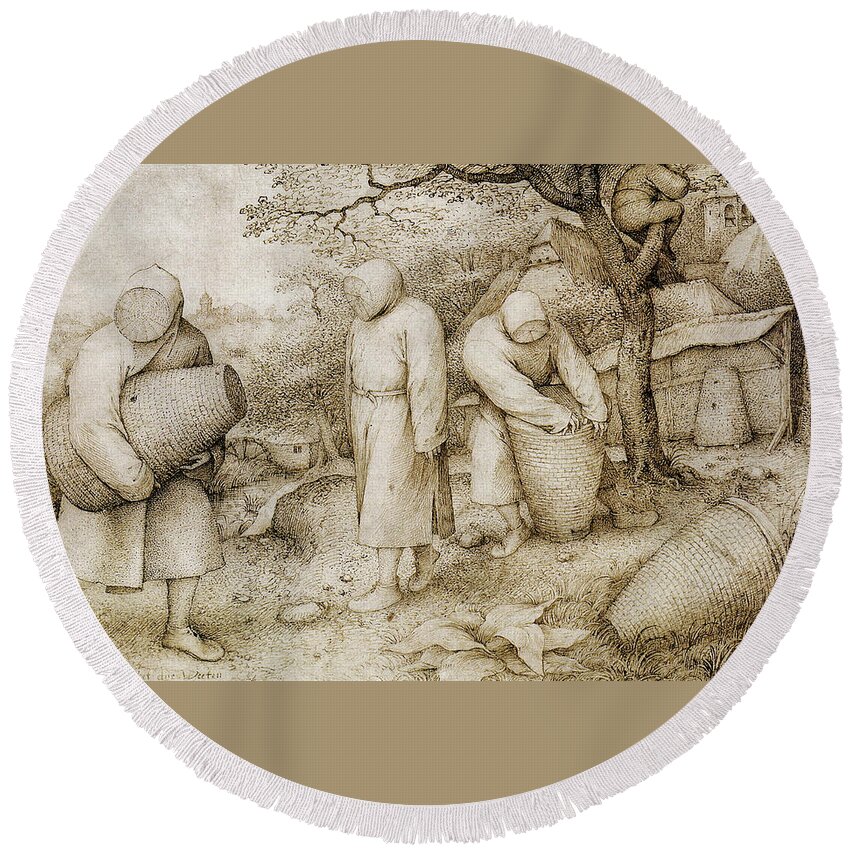 Netherlandish Painters Round Beach Towel featuring the drawing The Beekeepers and the Birdnester by Pieter Bruegel the Elder