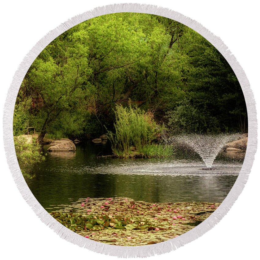 Trees Round Beach Towel featuring the photograph The BioPark Pond by Michael McKenney