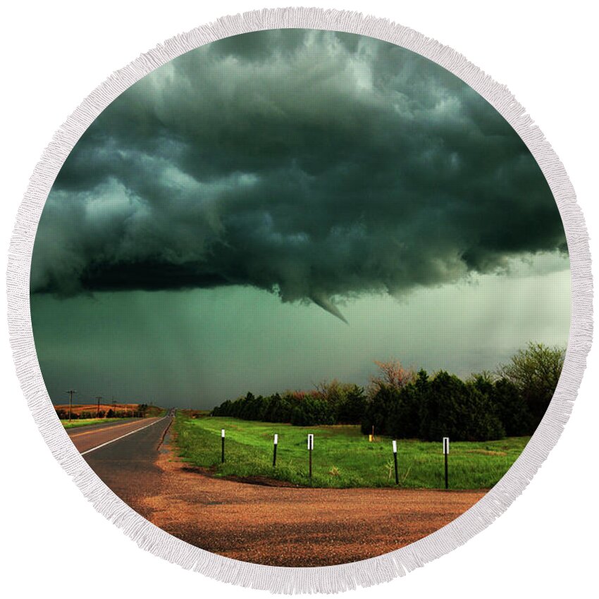 Gurley Round Beach Towel featuring the photograph The Birth of a Funnel Cloud by Brian Gustafson