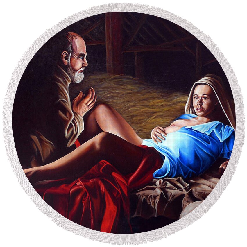 Virgin Mary Round Beach Towel featuring the painting The Birth by Vic Ritchey