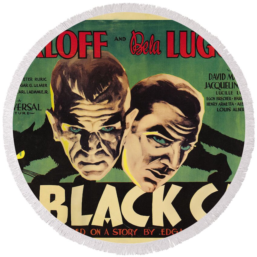 The Black Cat Round Beach Towel featuring the painting The Black Cat Classic Horror Movie Poster 1934 by Vintage Collectables
