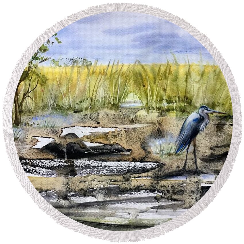 Bird Round Beach Towel featuring the painting The blue egret by Katerina Kovatcheva