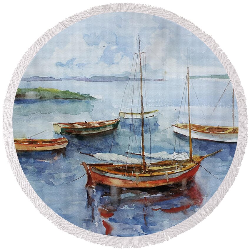 Bay Round Beach Towel featuring the painting The Boats On A Calm Bay by Faruk Koksal