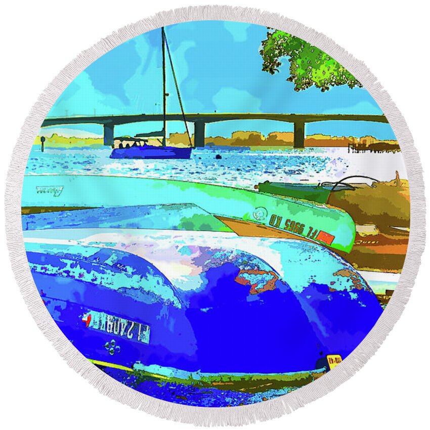 susan Molnar Round Beach Towel featuring the photograph The Boats The Bay and The Bridge by Susan Molnar