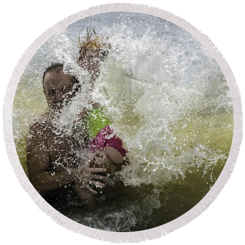 Ocean Beach Wave Surf Family Father Daughter Round Beach Towel featuring the photograph The Boom by WAZgriffin Digital