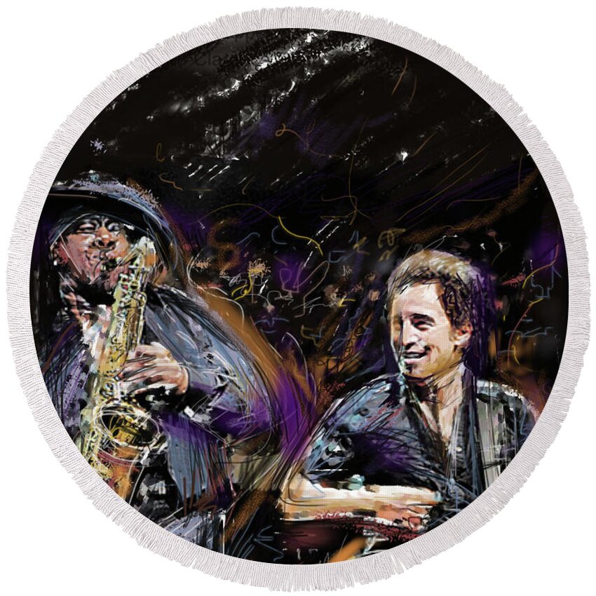 Bruce Springsteen Round Beach Towel featuring the mixed media The Boss and the Big Man by Russell Pierce