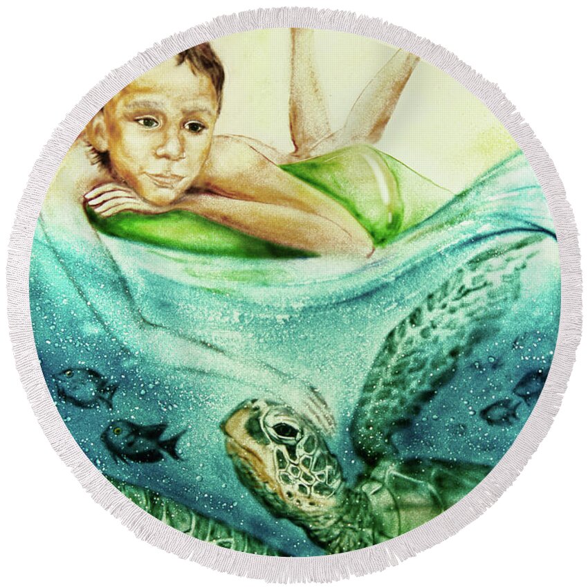 Russian Artists New Wave Round Beach Towel featuring the painting The Boy and the Turtle by Elena Vedernikova