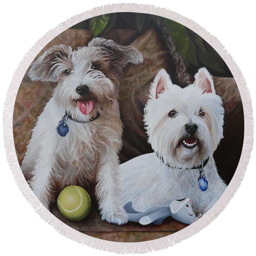 Dogs Round Beach Towel featuring the painting The Boyz by Vic Ritchey