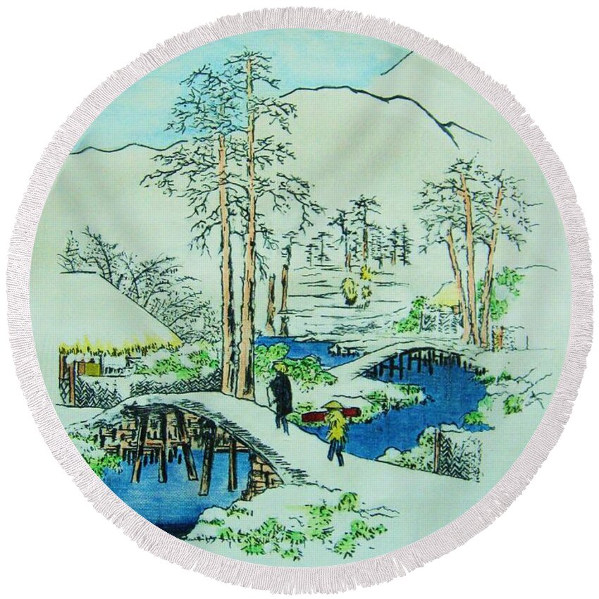 Original: Landscape Round Beach Towel featuring the painting The Bridge at Mishima by Thea Recuerdo