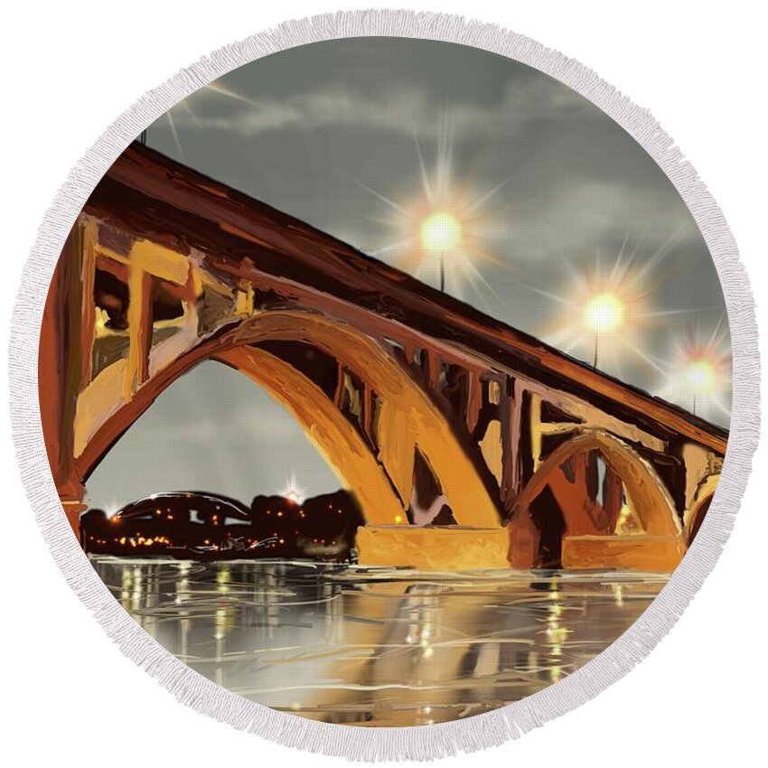 River Round Beach Towel featuring the digital art The Bridge on the River by Darren Cannell