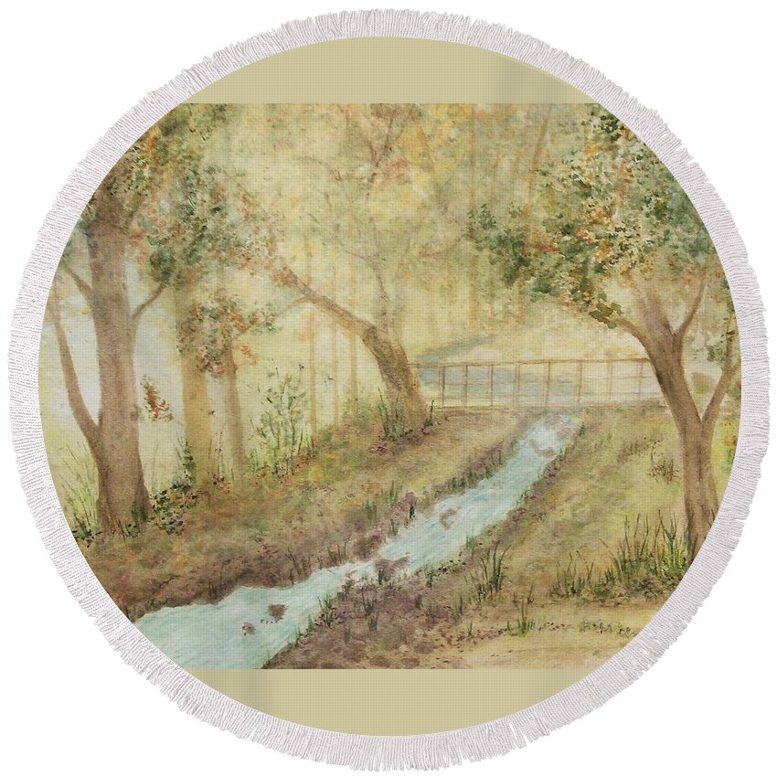  Lovely Golden Forest Round Beach Towel featuring the painting The Bridge by Susan Nielsen