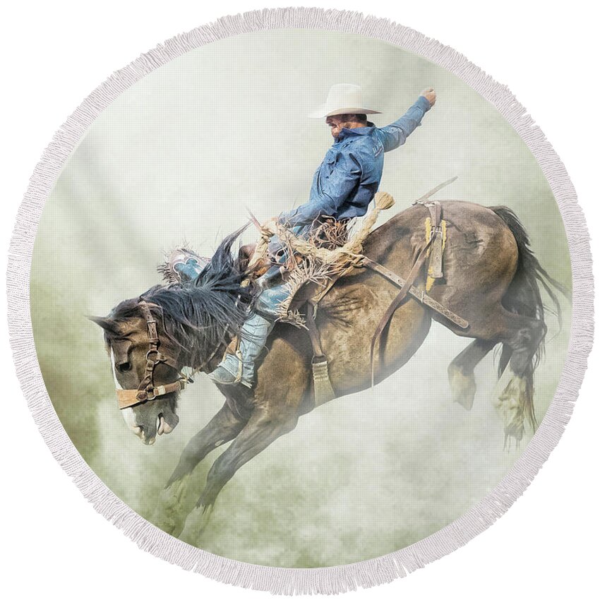 Cowboy Round Beach Towel featuring the photograph The Bronc Stomper by Ron McGinnis