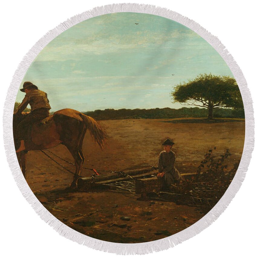 Winslow Homer Round Beach Towel featuring the painting The Brush Harrow by Winslow Homer