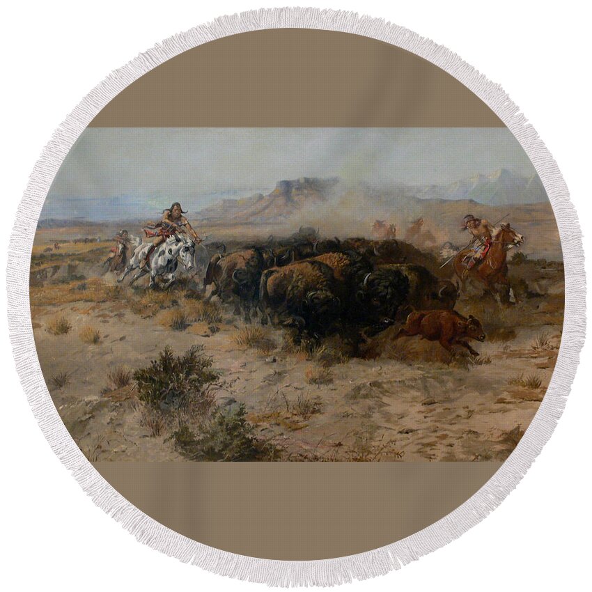 Charles Russell Round Beach Towel featuring the digital art The Buffalo Hunt by Charles Russell