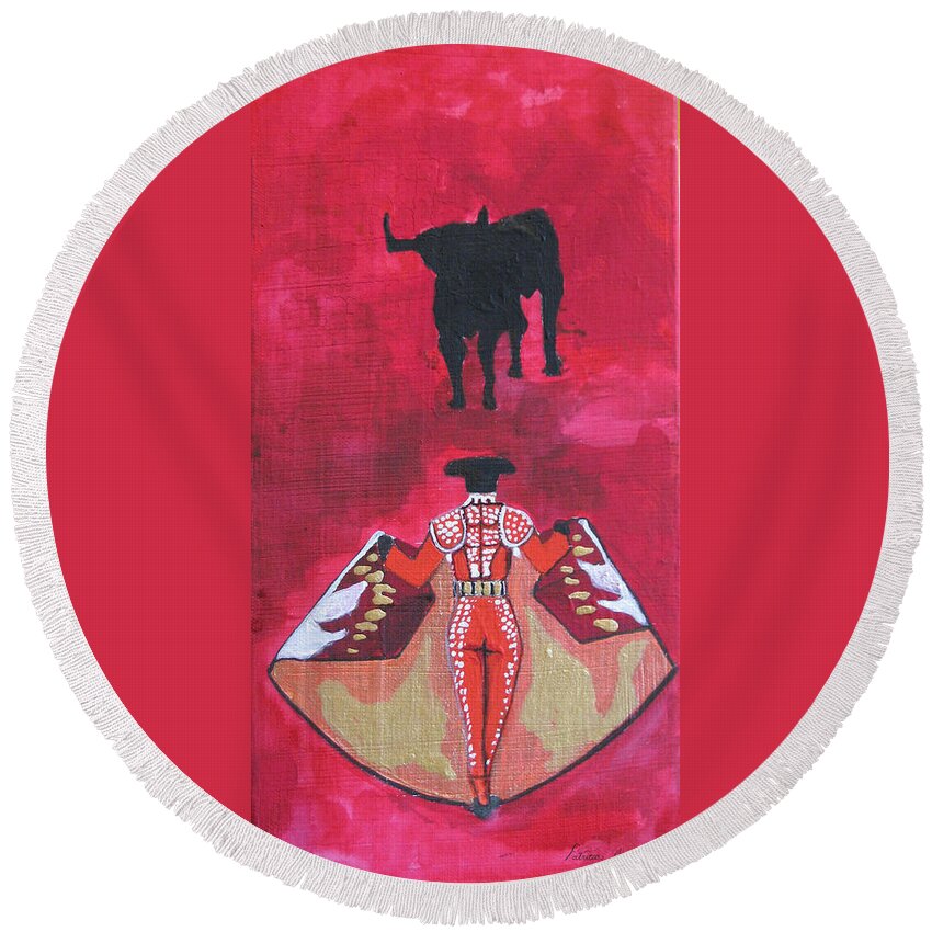 Spanish Art Round Beach Towel featuring the painting The Bull Fight NO.1 by Patricia Arroyo