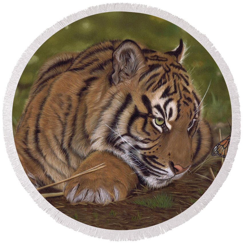 Tiger Round Beach Towel featuring the pastel The Butterfly Effect by Karie-Ann Cooper