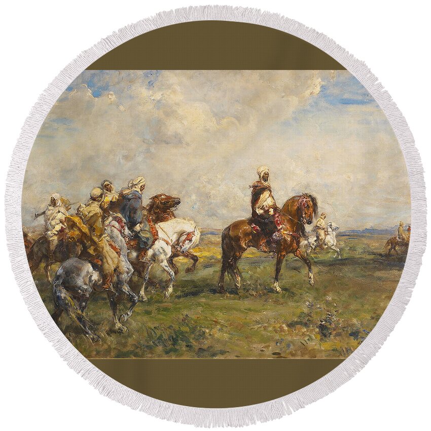 Henri Emilien Rousseau Round Beach Towel featuring the painting The Caid and his escort by Celestial Images