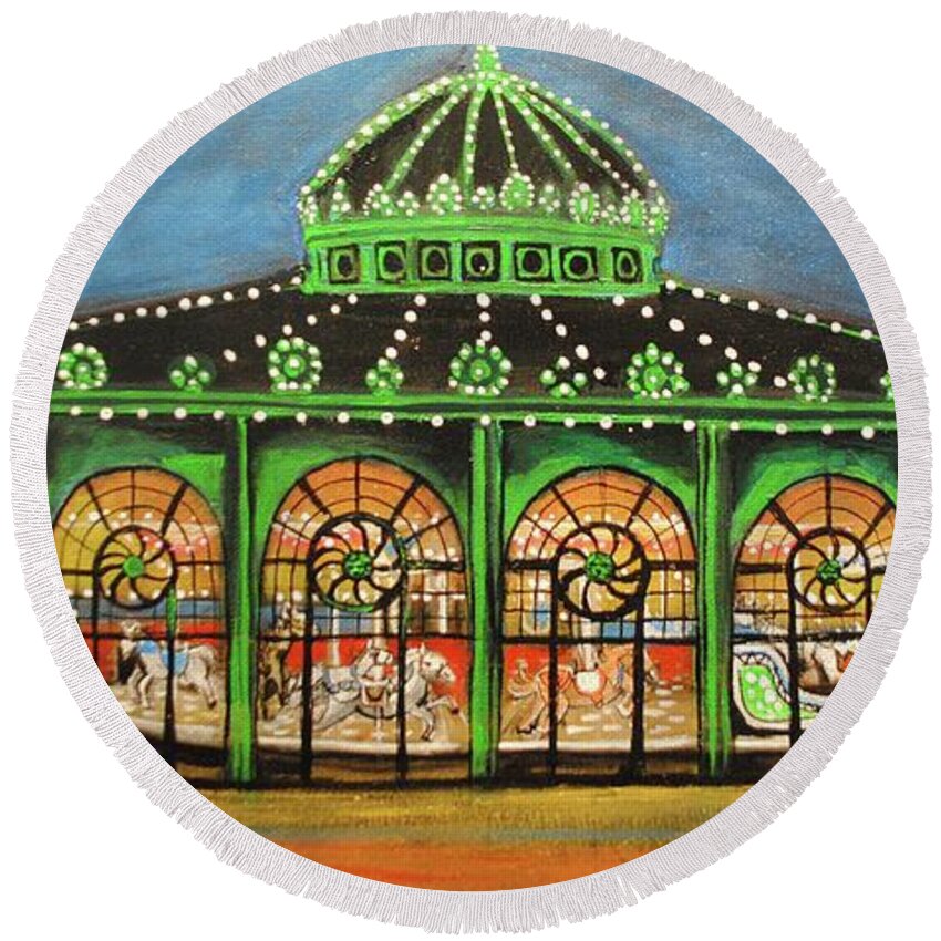 Asbury Park Round Beach Towel featuring the painting The Carousel of Asbury Park by Patricia Arroyo