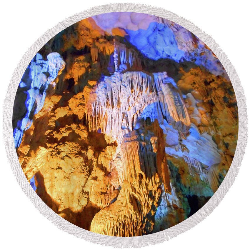 Halong Bay Round Beach Towel featuring the photograph The Caves 13 by Ron Kandt