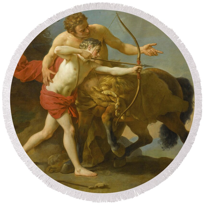 Louis-jean-francois Lagrenee Round Beach Towel featuring the painting The Centaur Chiron instructing Achilles by Louis-Jean-Francois Lagrenee