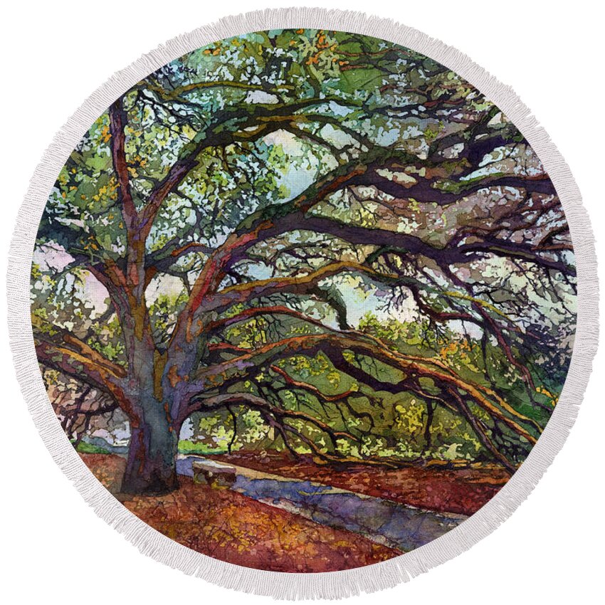 Oak Round Beach Towel featuring the painting The Century Oak by Hailey E Herrera