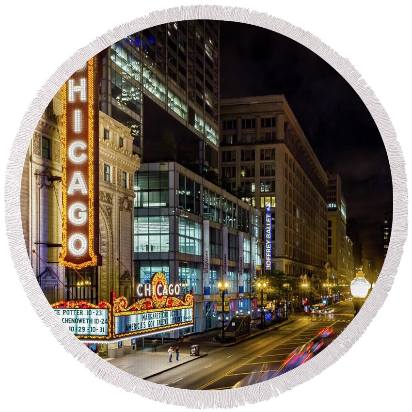 Chicago Round Beach Towel featuring the photograph Illinois - The Chicago Theater by Ron Pate