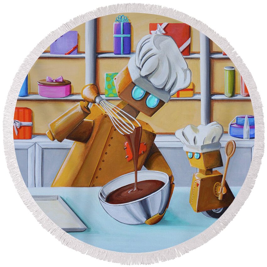 Robots Round Beach Towel featuring the painting The Chocolatiers by Cindy Thornton