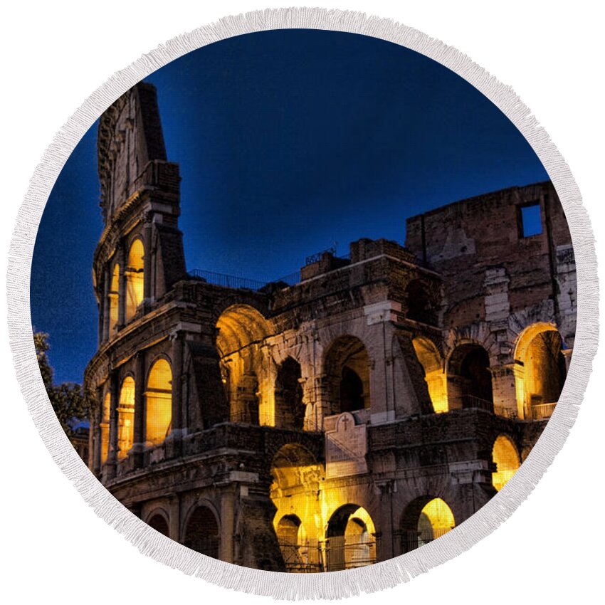 Coleseum Round Beach Towel featuring the photograph The Coleseum in Rome at night by David Smith