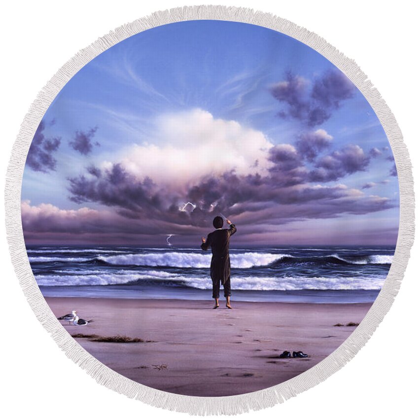 Music Round Beach Towel featuring the painting The Conductor by Jerry LoFaro