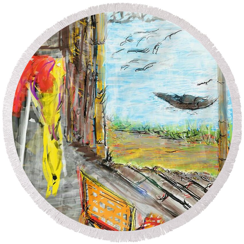 Landscape Round Beach Towel featuring the digital art The cottage by the river by Subrata Bose
