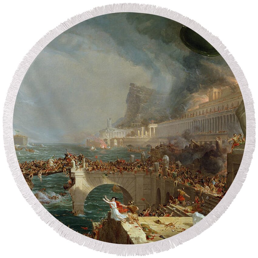 Destroy; Attack; Bloodshed; Soldier; Ruin; Ruins; Shield; Monument; Bridge; Classical Architecture; Galleon; Barbarian; Barbarians; Possibly Fall Of Rome; Hudson River School; Statue Round Beach Towel featuring the painting The Course of Empire - Destruction by Thomas Cole