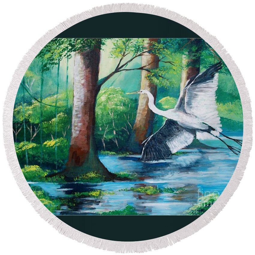 Crane Round Beach Towel featuring the painting The Crane by Jean Pierre Bergoeing