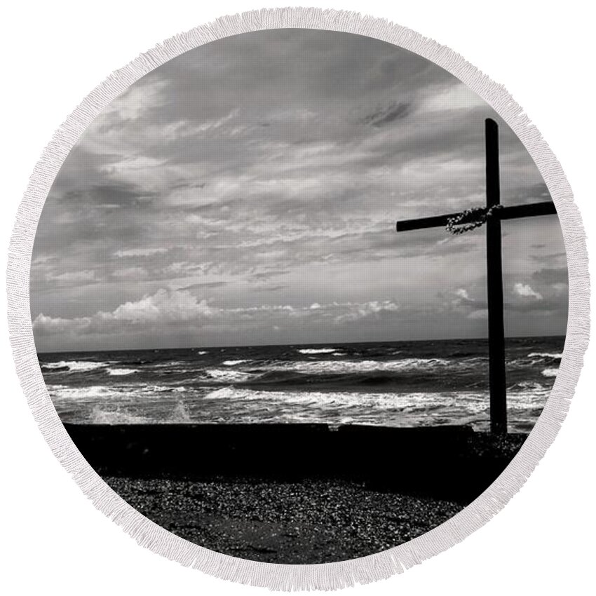 Clouds Round Beach Towel featuring the photograph The Cross Black and White by Jerry Connally