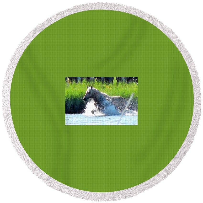 Wild Horse Round Beach Towel featuring the photograph The Crossing - Chincoteague Pony Run by Kim Bemis
