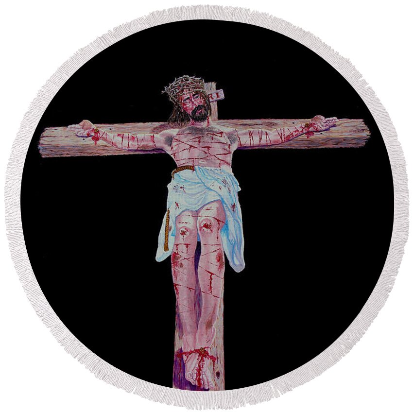 Crucifixion Round Beach Towel featuring the painting The Crucifixion by Stan Hamilton