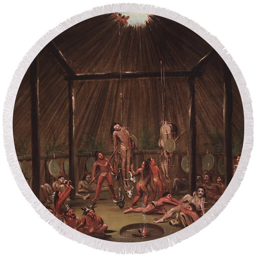 George Catlin Round Beach Towel featuring the painting The Cutting Scene, Mandan O-kee-pa Ceremony by George Catlin