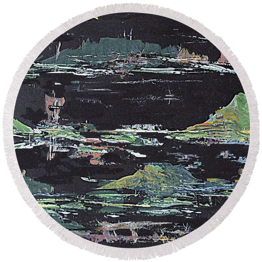 Gouache Abstract Landscape Painting On Black Paper Round Beach Towel featuring the digital art The Dark Islands by Nancy Kane Chapman