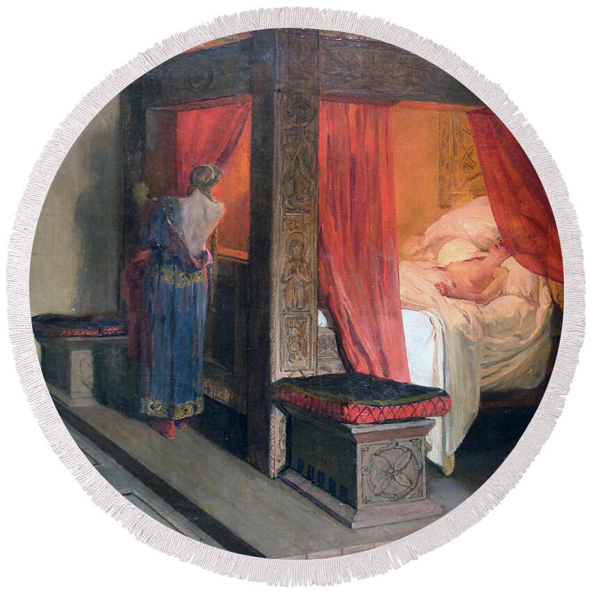 Jean-paul Laurens Round Beach Towel featuring the painting The Death of Galswintha by Jean-Paul Laurens