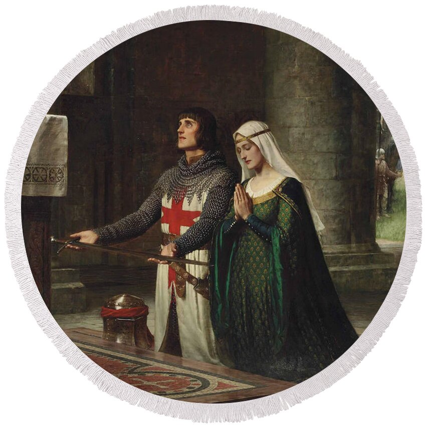 19th Century Art Round Beach Towel featuring the painting The Dedication by Edmund Leighton