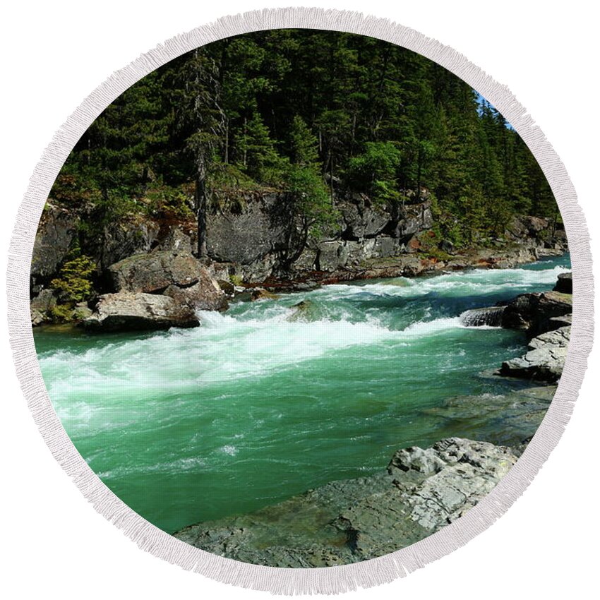  Montana Round Beach Towel featuring the photograph The Deep Green Waters Of McDonald River by Christiane Schulze Art And Photography