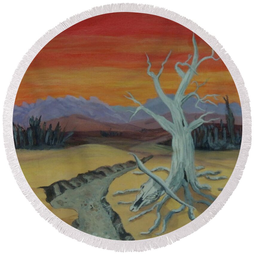 Landscape Round Beach Towel featuring the painting The Desert by Lisa MacDonald
