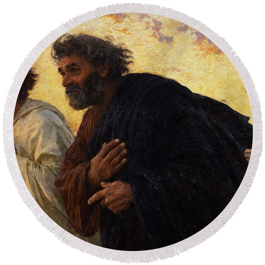The Round Beach Towel featuring the painting The Disciples Peter and John Running to the Sepulchre on the Morning of the Resurrection by Eugene Burnand