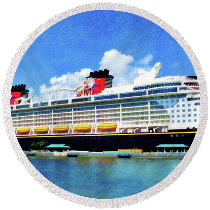 Disney Dream Round Beach Towel featuring the painting The Disney Dream in Nassau by Sandy MacGowan