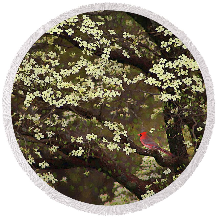 Bird Round Beach Towel featuring the digital art The Dogwoods and the Cardinal by Darren Fisher